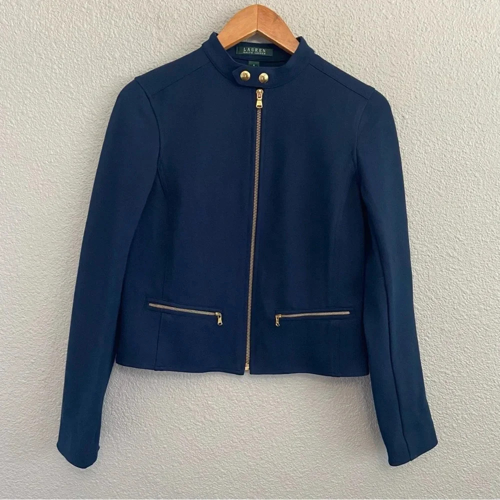 Ralph Lauren Blue Ponte Zip Front Size 4 Tailored Style Jacket